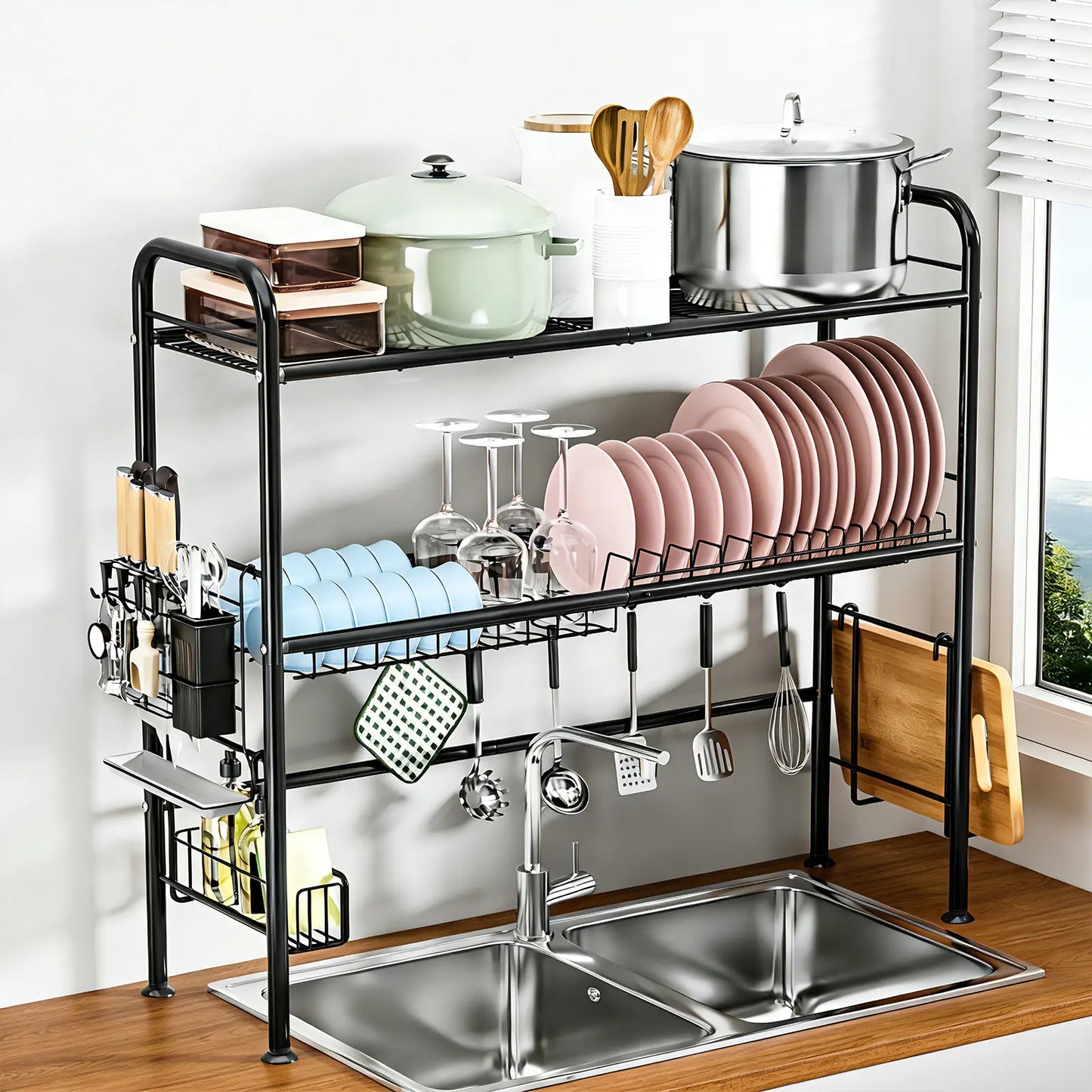 Over Sink Dish Drying Rack – 1/2 Tier Large Capacity Kitchen Organizer with Utensil Holder, Space-Saving Countertop Dish Drainer