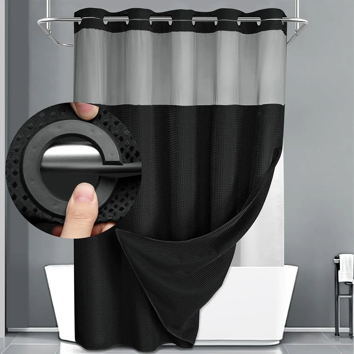 No Hook Shower Curtain with Snap-In Liner – Waterproof Double-Layer Hotel Style Fabric Curtain