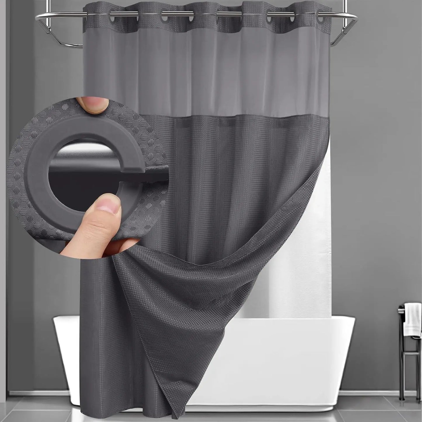 No Hook Shower Curtain with Snap-In Liner – Waterproof Double-Layer Hotel Style Fabric Curtain