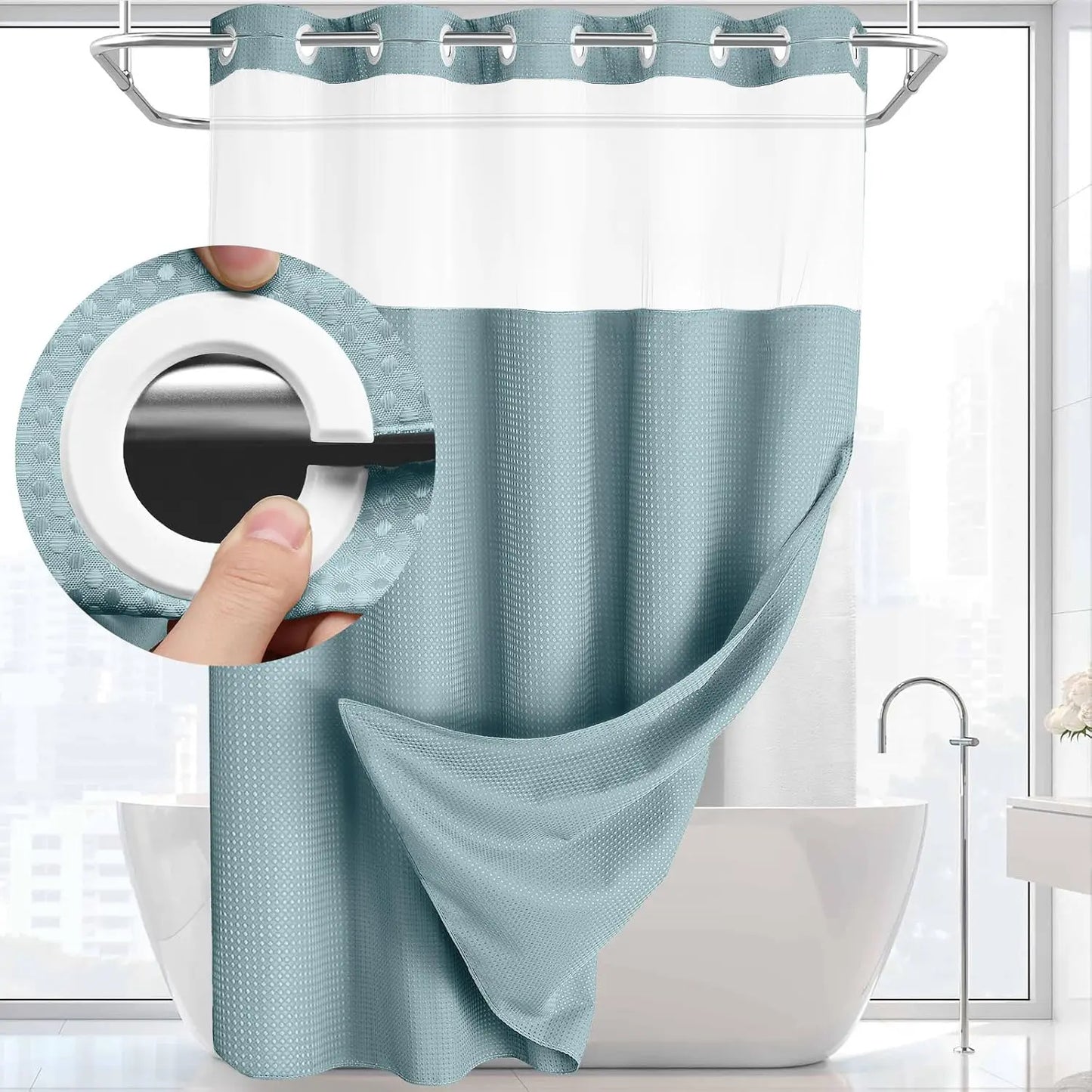 No Hook Shower Curtain with Snap-In Liner – Waterproof Double-Layer Hotel Style Fabric Curtain