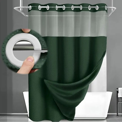 No Hook Shower Curtain with Snap-In Liner – Waterproof Double-Layer Hotel Style Fabric Curtain