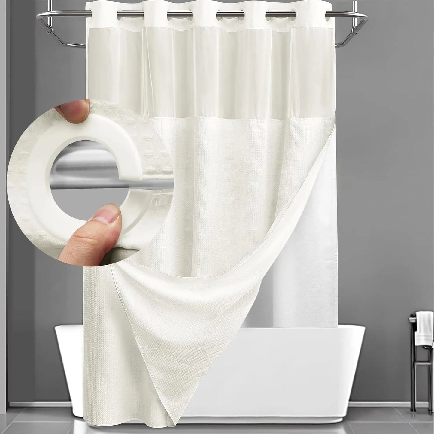 No Hook Shower Curtain with Snap-In Liner – Waterproof Double-Layer Hotel Style Fabric Curtain
