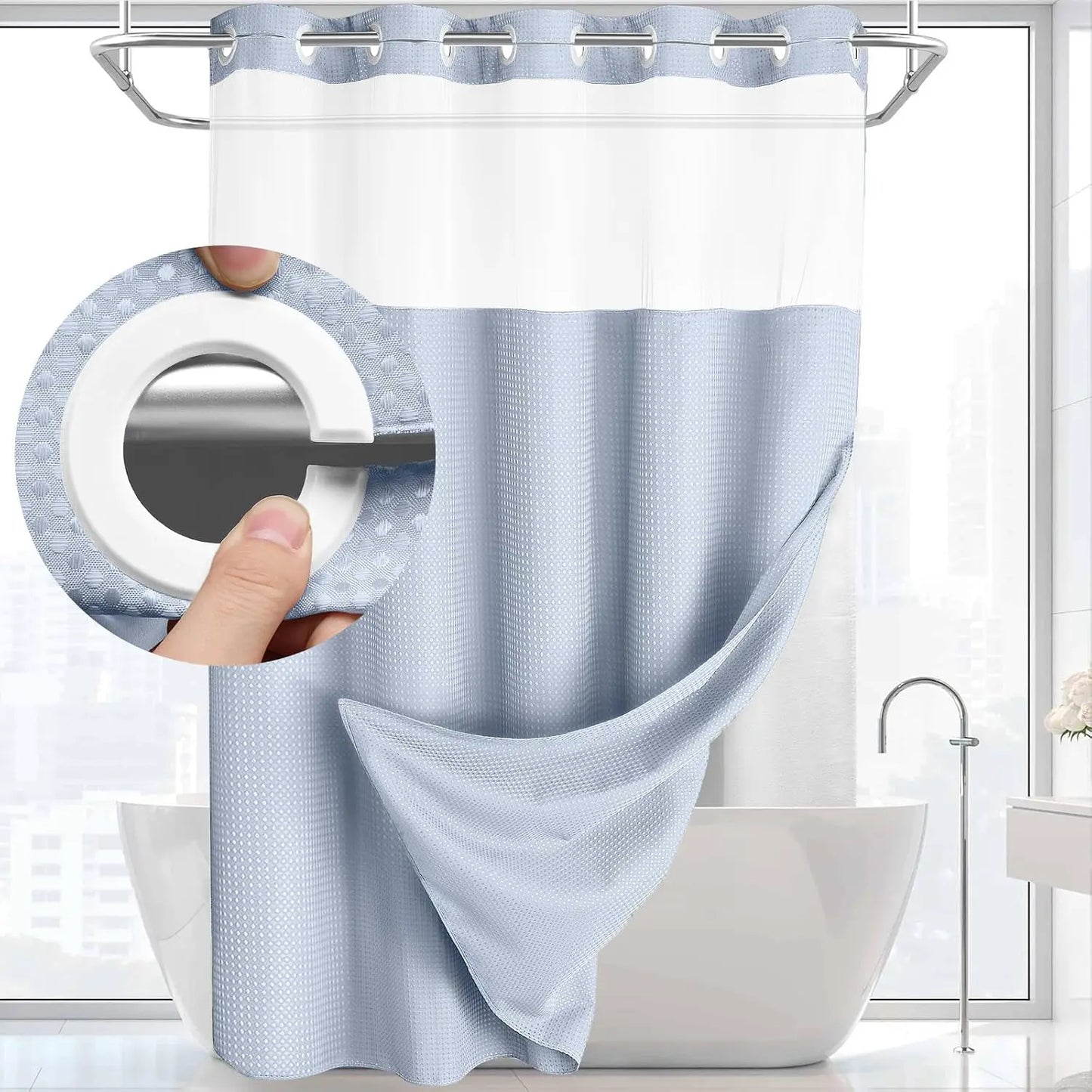 No Hook Shower Curtain with Snap-In Liner – Waterproof Double-Layer Hotel Style Fabric Curtain