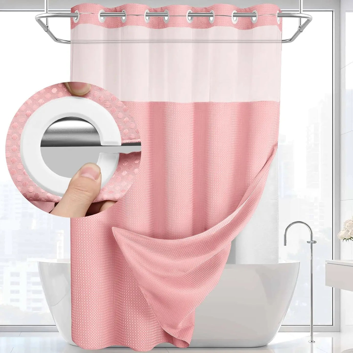 No Hook Shower Curtain with Snap-In Liner – Waterproof Double-Layer Hotel Style Fabric Curtain