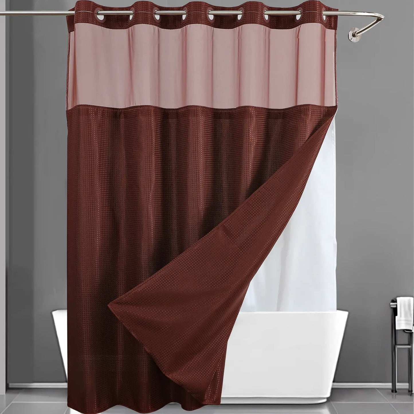 No Hook Shower Curtain with Snap-In Liner – Waterproof Double-Layer Hotel Style Fabric Curtain