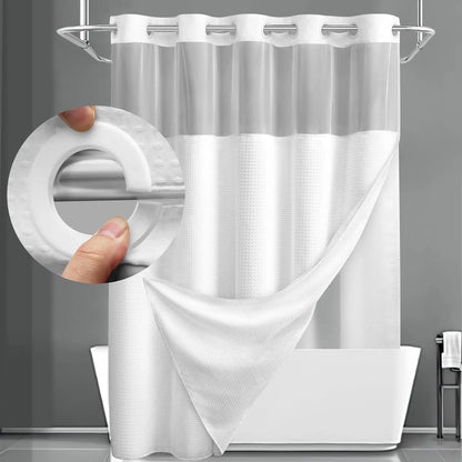 No Hook Shower Curtain with Snap-In Liner – Waterproof Double-Layer Hotel Style Fabric Curtain