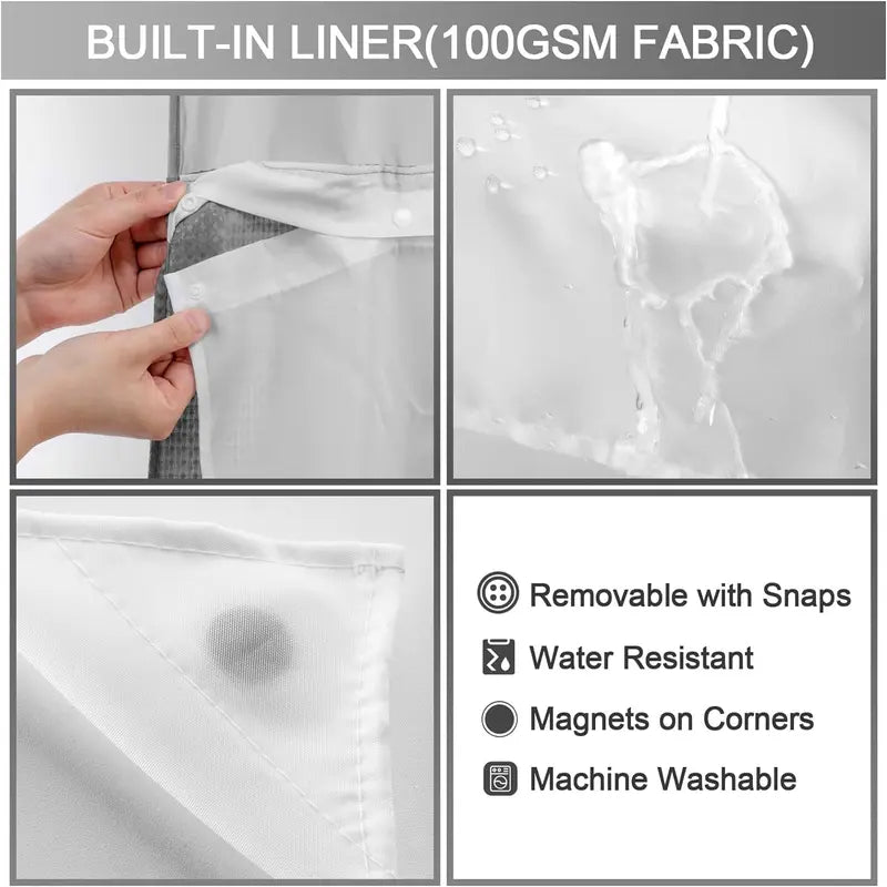 No Hook Shower Curtain with Snap-In Liner – Waterproof Double-Layer Hotel Style Fabric Curtain