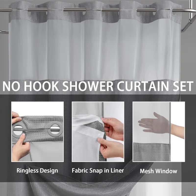No Hook Shower Curtain with Snap-In Liner – Waterproof Double-Layer Hotel Style Fabric Curtain