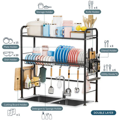 Over Sink Dish Drying Rack – 1/2 Tier Large Capacity Kitchen Organizer with Utensil Holder, Space-Saving Countertop Dish Drainer