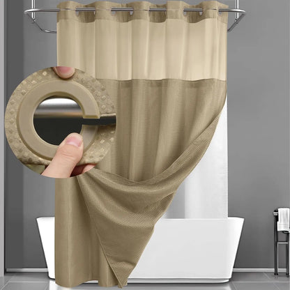 No Hook Shower Curtain with Snap-In Liner – Waterproof Double-Layer Hotel Style Fabric Curtain